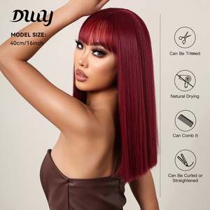 Camila-DWY Burgundy Layered Synthetic <b>Wig</b> 30-32 Inches Middle Length Transparent Lace Bangs High Quality Heat Resistant Fiber - Product Image 5