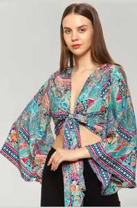 เสื้อลำลองสีฟ้าอ่อนสำหรับผู้หญิงแขนพองและพิมพ์ลายดอกไม้ความยาวสั้นระบายอากาศได้ดีผ้าถักตกแต่งพู่ - Product Image 4