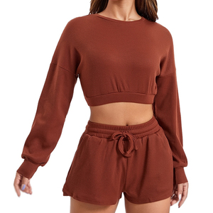 Women's Hooded Activewear Workout <b>Set</b> Long Sleeve Cropped Sweatshirt Lace Decorated Shorts Solid Jogger Sweatsuit Pajamas - Product Image 6