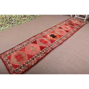 Vintage <b>Runner</b> Rug 2.7x11.2 ft, <b>Red</b> Pink Animal Print Rug Wool - Product Image 2