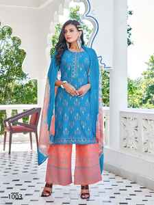 Liva Approved Heavy Rayon Embroidered <b>Kurti</b> with Lace Work Nazmini Dupatta Palazzo-Indian & Pakistani Clothing - Product Image 5