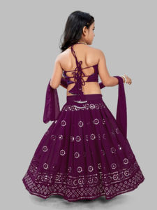 Ensemble Lehenga Choli Shoryam Fashion pour filles, couleur violette, avec travail de miroir, longueur au sol, dupatta, tenue ethnique pour enfants, fête, mariage, toutes saisons | - Product Image 2