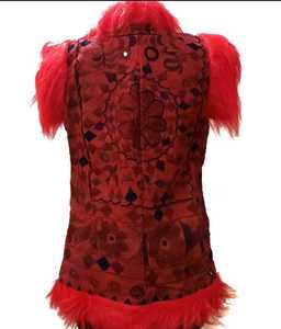 2022 Women's Sleeveless Fur Jacket with Fully Hand <b>Beaded</b> Boho Style Cotton Filled Vintage Decoration and Button Detail - Product Image 3