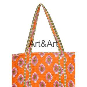 Sac fourre-tout en coton imprimé à la main, style bohème vintage indien, avec deux poignées, fermeture ouverte, pour femme, idéal pour le shopping ou comme cadeau d'été - Product Image 2