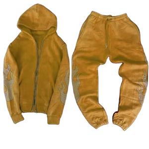 Custom Acid Wash Men's Hoodies Set Manufacturer <b>Distressed</b> Embroidery Zip Up Tracksuit Sweatpants For Winter Wear - Product Image 1
