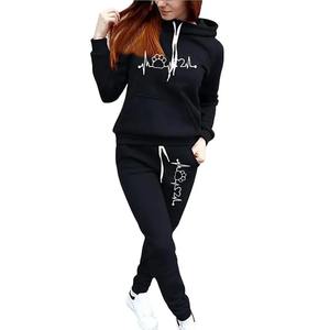2 Pcs/Set Trendy 3D Cutting Casual Survêtement Poches Lady Winter Heartbeat Print Slim Hoodie Sweatpants Set Cold - Product Image 3