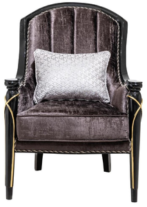 European Style Luxury Velvet Armchair with <b>Black</b> Lacquer Wood Frame and Gold Metal Inlay Details - Product Image 2