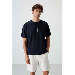 T-shirt pour homme en coton 100% bleu marine, coupe ample texturée épaisse et motif imprimé - 88368 - Product Image 3