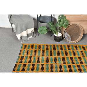 Alfombra turca Vintage bohemia de 3,1x6,4 pies, diseño de retazos verde amarillo, técnica de tejido plano de látex de lana para pasillo de entrada - Product Image 2