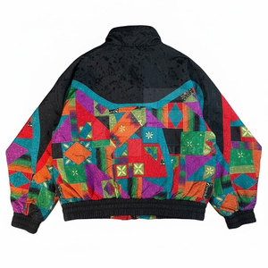 Geometric Print <b>Zip</b> <b>Up</b> <b>Jacket</b> 90s Street Style Color Block Design <b>Jacket</b> For Streetwear And Casual Use - Product Image 2
