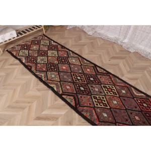 Turkish Vintage Rug, 2.6x14.9 ft <b>Runner</b> Rug, Red <b>Green</b> Persian Wool Rug - Product Image 4