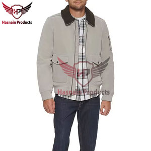 <b>Mens</b> Grey Leather Bomber <b>Jacket</b> With <b>Shearling</b> Collar Genuine Lambskin Flight <b>Jacket</b> Winter Casual Outerwear - Product Image 2
