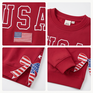 Sweat-shirt en tricot à col rond rouge patriotique pour filles, avec broderie graphique de la lettre USA pour la fête de l'Indépendance, 100% coton, ODM - Product Image 3