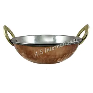Louça de servir louça de aço indiano, tigela de cobre martelado karahi para pratos indianos servir louças com alças de latão