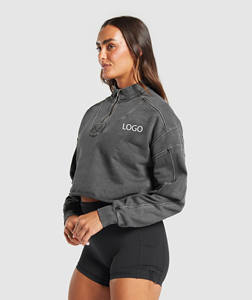 Sudaderas con cremallera de cuarto de algodón 100% de alta calidad para mujer, Top corto de invierno bordado de Terry francés lavado con ácido personalizado, entrenamiento - Product Image 3
