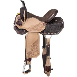 Sillín de carreras de barril marrón de cuero genuino 100%, sillín occidental de caballo cómodo con accesorios - Product Image 1