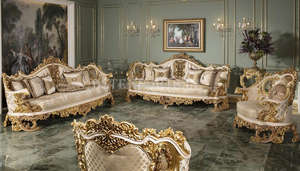 Muebles de madera de teca tallada en plata barroca para sala de estar, conjunto de sofá de forma ovalada de lujo, pulido, clásico y plateado - Product Image 4