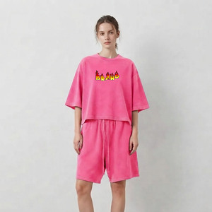 Conjunto de camiseta y pantalones cortos para mujer, 100% algodón de alta densidad (300GSM), estilo oversized, liso, de secado rápido, transpirable, estilo urbano, conjunto de 2 piezas. - Product Image 1