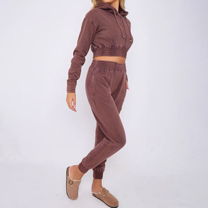 Premium Acid Wash Joggers Set for Women Custom Street Wear Patch Embroidery <b>Cropped</b> <b>Zip</b>-<b>up</b> Hoodie Tracksuits Winter Collection - Product Image 4