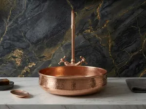 DIVRIS Lavabo en cuivre fait main, rond, à cuve unique, à poser sur le comptoir, surface mate rustique, un trou, facile à nettoyer, pour salle de bain - Product Image 5