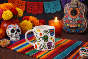 Durable New Bone China Set 4 Espresso Coffee Mug 10 cl (3.4 fl oz) Calavera by Excelsa Flower and Skull Design - Product Image 3