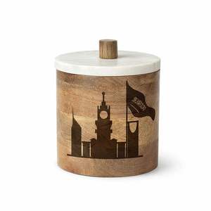 Pot de rangement en bois avec drapeau d'Arabie Saoudite et design de la tour Eiffel, boîte à couvercle en marbre en bois d'acacia et de mangue pour la décoration de la maison - Product Image 1