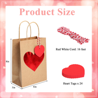 Bolsas de Regalo Personalizables de Papel Kraft Clásico Reciclable, sin Marca, con Asas Retorcidas, Diseño de Corazón Rojo Impreso en Flexografía