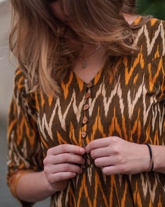 Hand Loom Ikat Revati Dress Calf Length Bohemian Brown Yellow White Pure Cotton Casual Occasional Handmade - Product Image 6