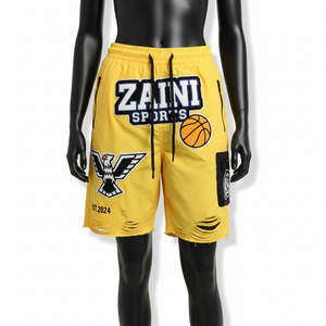 Shorts de bain personnalisés en chenille 160 GSM à séchage rapide, en nylon jaune, design déchiré et vieilli, pour hommes, style cargo - Product Image 1