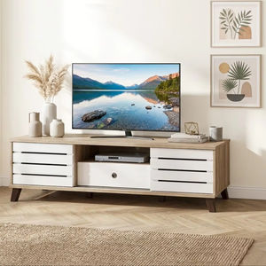 Mueble de TV Moderno para Salón de 160 cm, Color Roble Somana Claro con Blanco, 2 Puertas Corredizas, Cajón, Fácil Montaje, TV5055, Apartamento, Villa - Product Image 1
