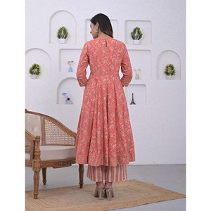 Ensemble Kurta Anarkali et pantalon en coton imprimé pêche, richement brodé, style pakistanais, pour tenue de soirée, en soie - Product Image 6