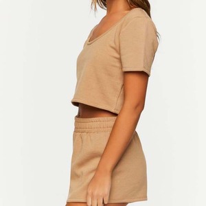 Conjunto de camiseta y pantalones cortos de entrenamiento para mujer, cómodo y elegante, ropa informal de patrón sólido para ropa deportiva, conjuntos de algodón para mujer - Product Image 3