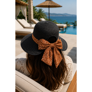 Adjustable Black <b>Floppy</b> Straw <b>Hat</b> with Elegant Bow at the Back - Product Image 2