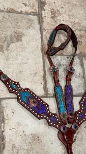 Ensemble de bride et de collier de poitrail en cuir western avec franges turquoise, design arctique personnalisé, bride de cheval, taille complète/coibon, sur mesure - Product Image 2