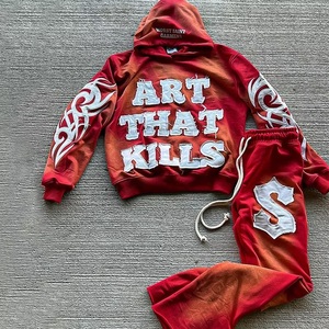 ชุดเซ็ตเสื้อฮู้ดดี้และกางเกงสเวตแพนท์พิมพ์ลายสไตล์วินเทจสำหรับผู้ชาย ผลิตโดยผู้ผลิตเสื้อผ้าสตรีทแวร์ ลวดลายทำเก่าแบบย้อมสีเอซิด ชุดวอร์มผู้ชายแบบสั่งทำพิเศษ - Product Image 4