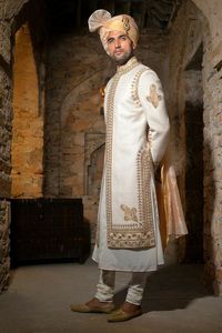 NEW--TRENDY DESIGN of GOLD ZARI EMBROIDERY on WHITE SHERWANI, KURTA WITH <b>PANT</b> DRESS for PARTY-WEAR/WEDDING @ 2024 - Product Image 2