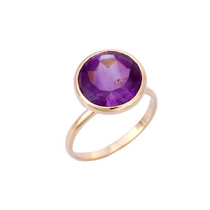 เครื่องประดับพลอยอเมทิสต์ทรงกลมธรรมชาติ18K ทำด้วยมือแหวนหินเดี่ยวสีเหลืองทองสำหรับทุกเพศ - Product Image 1