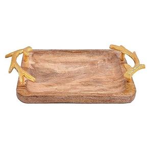 Bandeja de Servicio de Madera de Diseño Exclusivo con Asa Dorada de Latón, Decoración de Mesa para Bodas y Fiestas, Bandeja de Servicio para Catering - Product Image 1