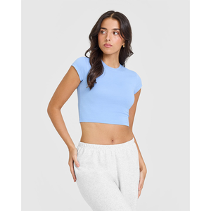 Camiseta de algodón 100% azul en polvo de primera calidad para mujer, camiseta informal ligera, transpirable y elegante de diseñador, camiseta de entrenamiento de gimnasio de ajuste relajado - Product Image 3