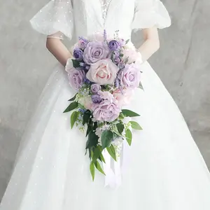 Sutra Buatan Mewah Ungu Mawar Pernikahan Pengantin Bunga Bola Mawar Memegang Buket Air Drop Pernikahan Pengantin Buket Bunga