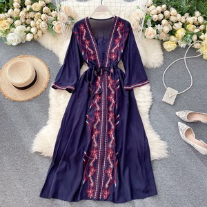 Nueva llegada túnica/Vestido largo mexicano de alta calidad para mujer hasta el suelo manga larga cintura borlas 100% algodón natural - Product Image 1