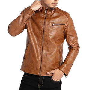 Veste en cuir pour moto à col montant pour homme, légère, en simili cuir, fermeture éclair, marron, décontractée, unisexe, veste personnalisée authentique - Product Image 2