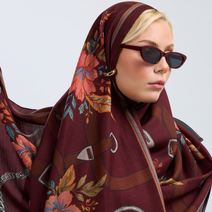 Elegant Long Casual Silk Wool Blend Shawl Hand Rolled Hem Luxury Equestrian Belt & Chain Motif Floral Accent Pashmina - Product Image 5