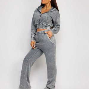 Conjunto Deportivo de 2 Piezas para Mujer, Pantalones Deportivos Cortos y Top, Ropa de Gimnasio, Algodón Lavado con Ácido, con Cremallera - Product Image 4