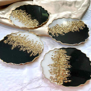 Ocean inspired resin coasters with golden sparkle handmade epoxy <b>mats</b> ideal for coastal home coffee <b>bar</b> table and gifts - Product Image 3