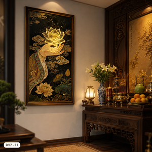 Peinture à l'huile de lotus artisanale de luxe, art mural floral noir et or, décoration artistique avec cadre en bois, décoration intérieure, fabriqué au Vietnam - Product Image 4