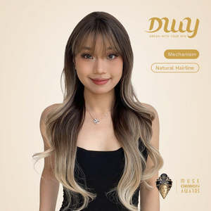 Perruque synthétique sans colle Josely-DWY pour femme, fabriquée à la machine, style ombré, longue et ondulée, avec frange droite, brun foncé et blond clair - Product Image 6