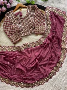 Heavy Faux Georgette Saree con Secuencia y trabajo de espejo real para todos los eventos con borlas adjuntas - Product Image 2