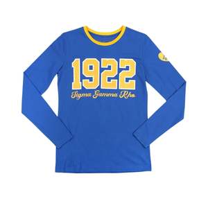 Sigma Gamma Rho SGRho 1922 Camiseta de manga larga Azul real 100 Algodón Brillo Letras griegas Impreso Sorority Apparel Greek Life Shirt - Product Image 1