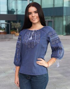 Top azul cielo bordado personalizado 2025, blusas ucranianas de manga larga de diseñador para ocasiones informales, fiestas, moda sencilla tejida - Product Image 6